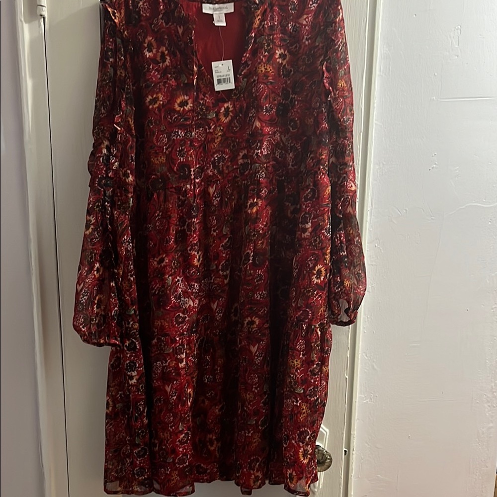 Motherhood Red Knee-Length Long Sleeve Sundress with V-Neck and Bishop Sleeves